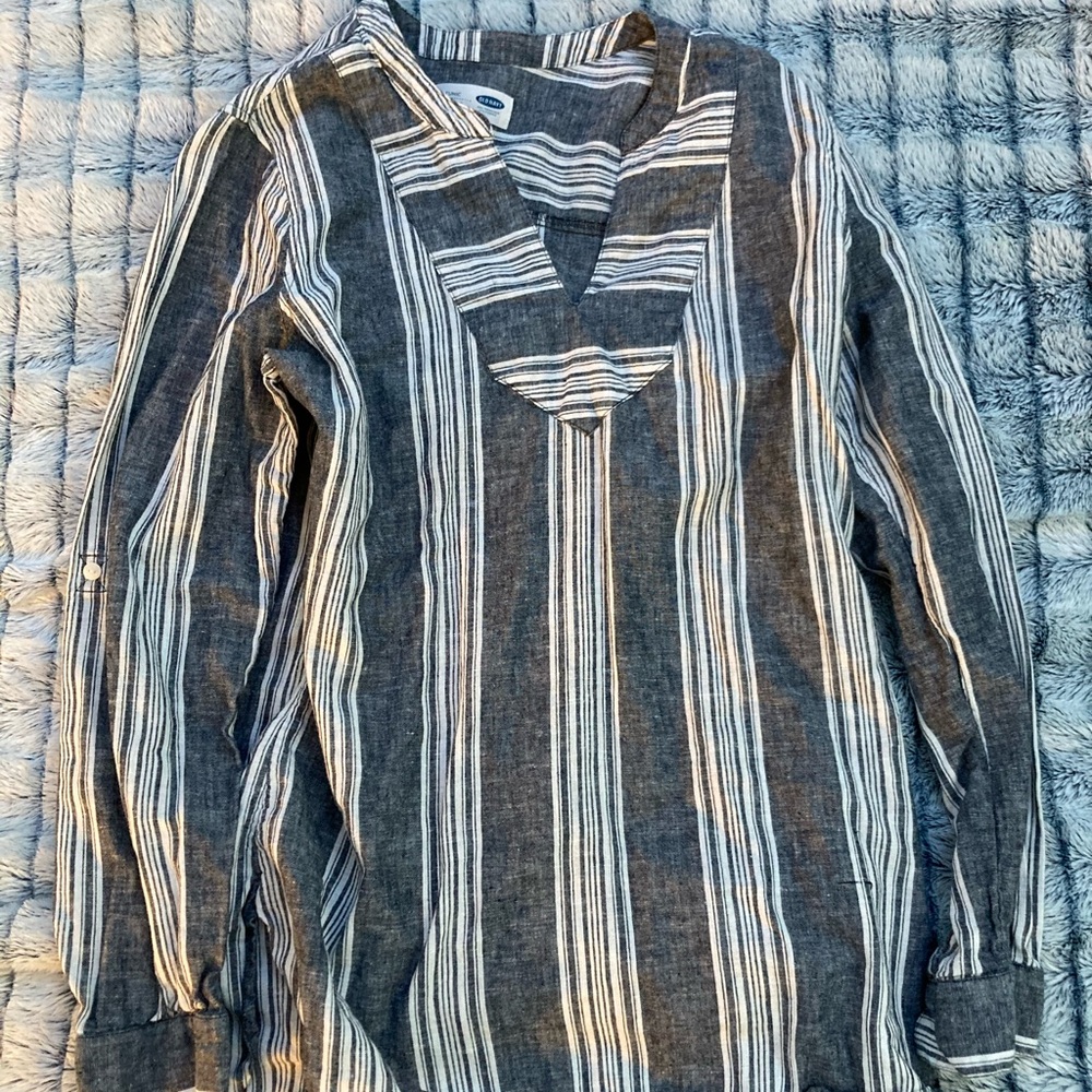 Grey and White Striped Long Sleeve Tunic